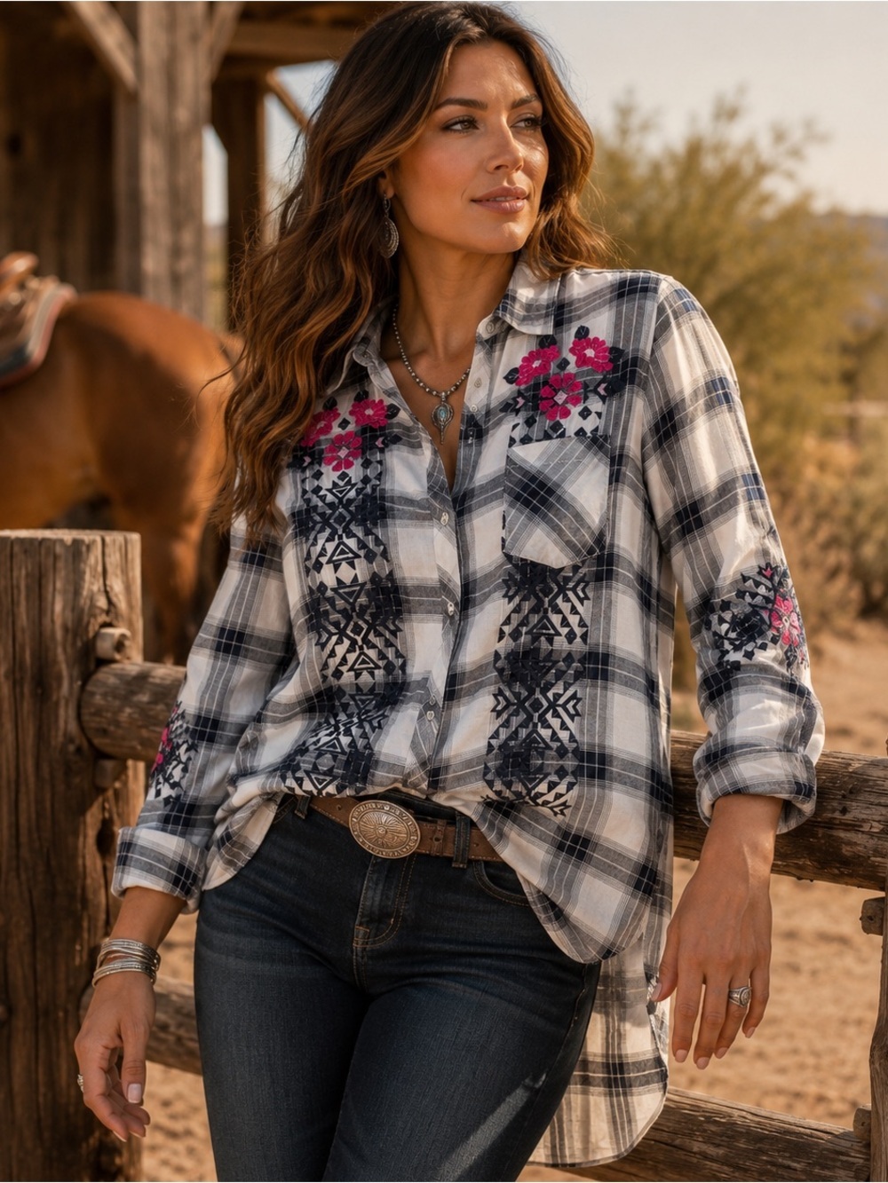 Stetson Embroidered Plaid Western Button Front Shirt NWT Small
